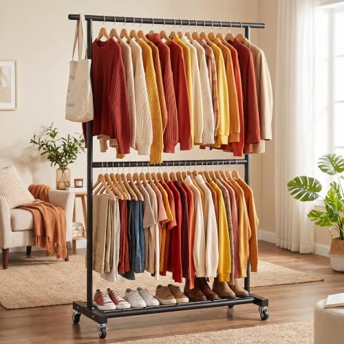 Sywhitta Double Rod Metal Clothing Rack on Wheels - Image 2