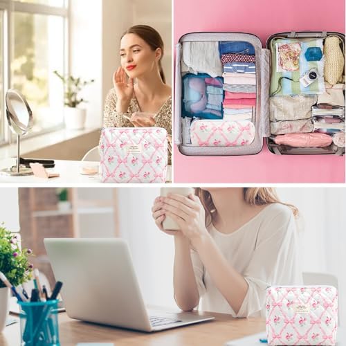 2Pcs Quilted Cotton Makeup Bag Large Travel Makeup Pouch Small Brush Holder Set - Image 4