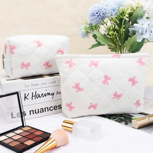 2Pcs Small Makeup Bag Quilted Cosmetic Bag Flower Pencil Case Travel Makeup Bag - Image 2