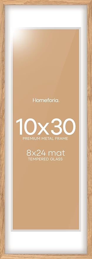 Homeforia 10x30 Wood Frame, High End Natural Oak 10x30 Light Wooden Picture Frame with Mat 8x24, 10 x 30 Poster Frames Matted to 8 by 24 Print, 30x10 Hanging Frames, Tempered Glass, Wall Kit, Set of 1