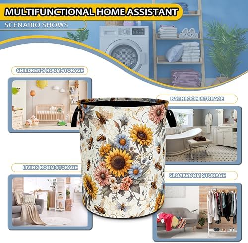 Bee Sunflower Laundry Basket Flower Foldable Waterproof Oxford Cloth - Image 6