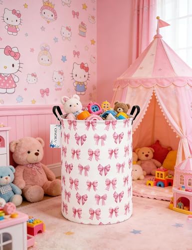 Round Large Pink Bow Print Waterproof Laundry Hamper - Image 5