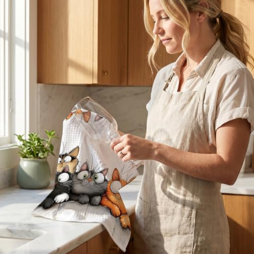 Jztco 4 Pcs Cute Cat Kitchen Towels, Funny Cats Absorbent Hand Tea Towel - Image 6