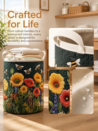 Quilted Laundry Basket with Handles, Boho Floral Quilted Storage Hamper - Image 4