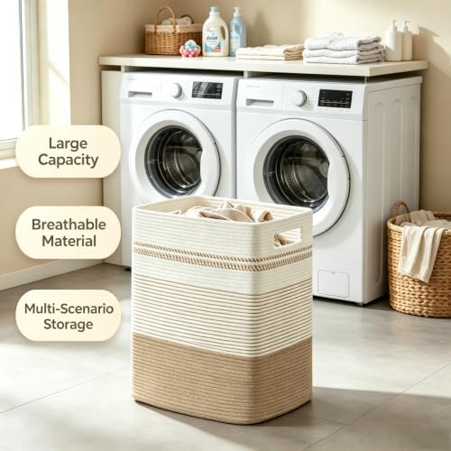 Rectangular Cotton Rope Laundry Hamper 80L Foldable Basket - Image 6