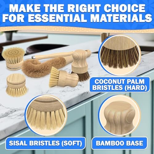 5 Pcs Bamboo Dish Brush Set, Non-Scratch Bristles, Replacement Head - Image 5