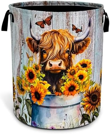 Highland Cow Sunflower Laundry Basket Foldable Waterproof 18.9 x 16.5 Inch by NUTAINLA