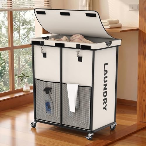 Laundry Hamper with Wheels and Lid, 225L Large Rolling Laundry Basket White by OLLDIDE
