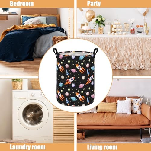 Round Laundry Basket Collapsible Storage Hamper Organizer Planet Rocket - Image 3