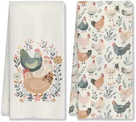 Farmhouse Chicken Rooster Kitchen Towels, Chicken Dish Towels, Rooster Decor by HUGANE