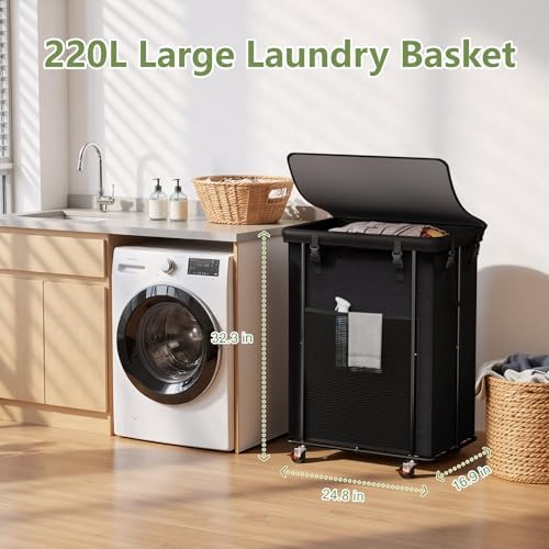 Laundry Hamper with Wheels and Lid, 200L Large Rolling Laundry Basket Black - Image 2