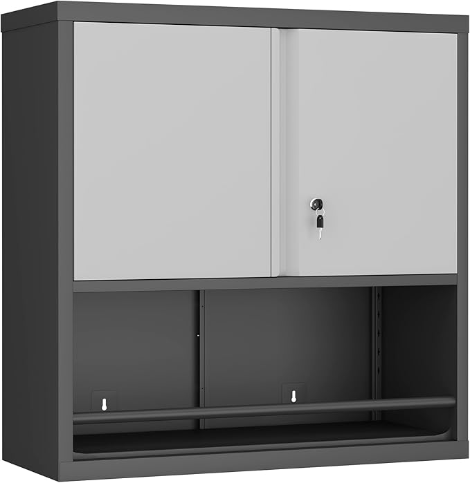 GREATMEET 31" H Metal Garage Storage Cabinets with Doors and Shelves, Lockable Storage Cabinet with Lock, Hanging Cabinets for Wall, Wall Mount Cabinet for Utility Room, Black&Grey