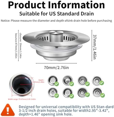 3-in-1 Kitchen Sink Drain Strainer : Pop Up Sink Stopper, 304 Stainless Steel - Image 2
