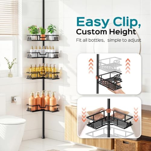 HAMITOR Shower Caddy Tension Pole: 4-Tier Adjustable Corner Organizer Black - Image 6