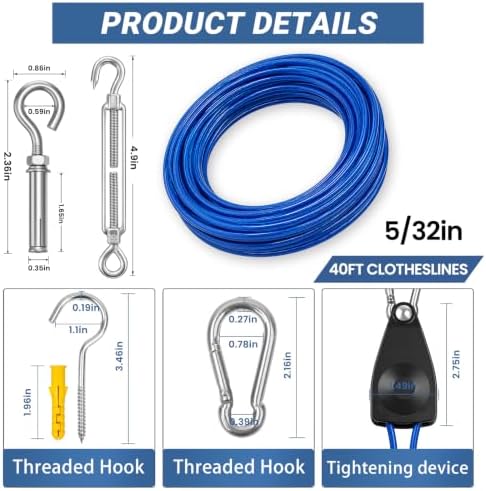 40FT Outdoor Clothesline Wire Rope System, Adjustable Steel Laundry Line - Image 2