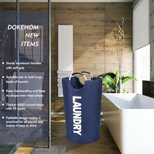 DOKEHOM 90L Large Laundry Basket Bag, Collapsible Tall Hamper, Dark Blue - Image 2