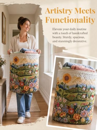 Quilted Laundry Basket with Handles, Boho Floral Quilted Storage Hamper - Image 2