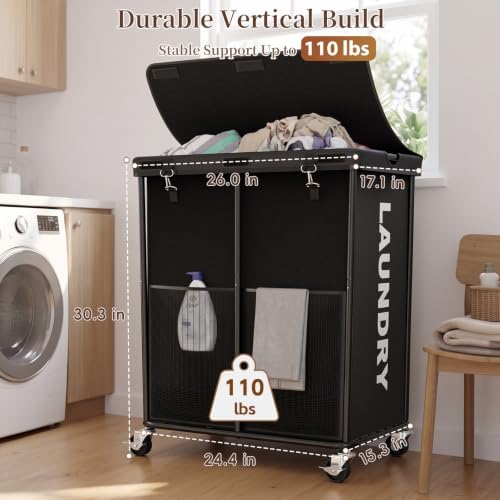 Laundry Hamper with Wheels and Lid, 225L Large Rolling Laundry Basket Black - Image 5