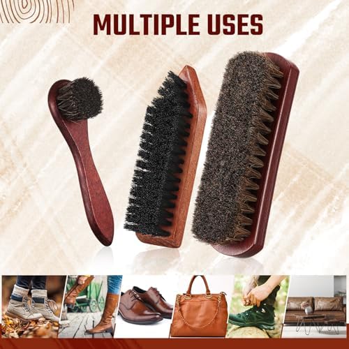 Vesici 3 Pcs Horsehair Shoe Brush Wood Handle Boot Cleaner, Square Head - Image 2