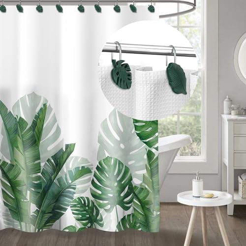 Tropical Leaf Decorative Shower Curtain Hooks Dark Green Botanical Shower - Image 2