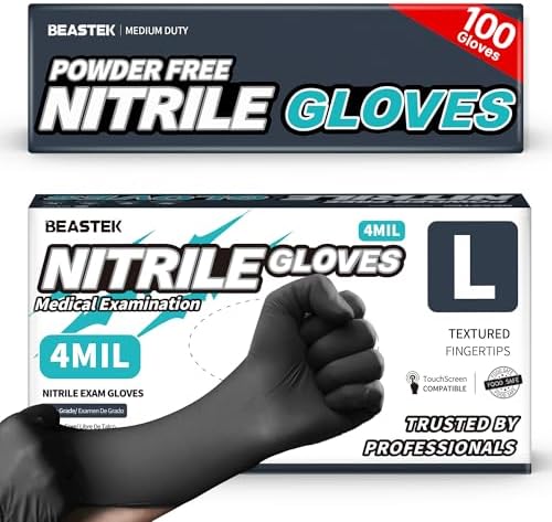BEASTEK Black Nitrile Exam Gloves, 4 Mil, Powder-Free Food Prep Disposable by BEASTEK