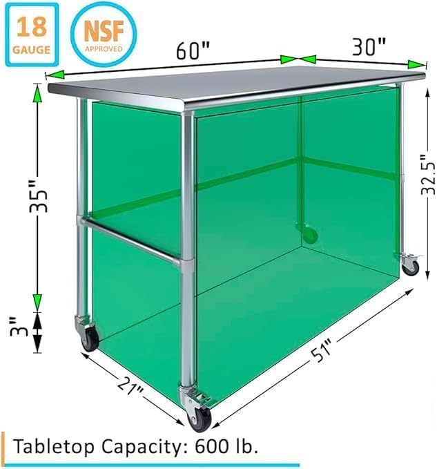 Stainless Steel Work Table Open Base & Wheels | Work Station | Metal Work Bench (Stainless Steel Work Table Open Base + Casters) (60" Long x 30" Deep)