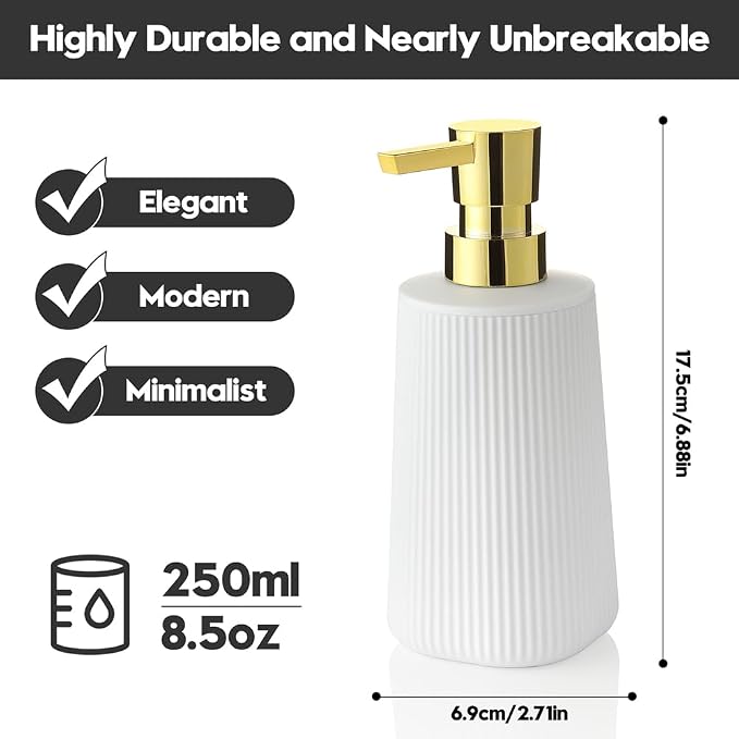 YAUKPH Small Soap Dispenser for Bathroom and Kitchen Matte White and Gold | - Image 3