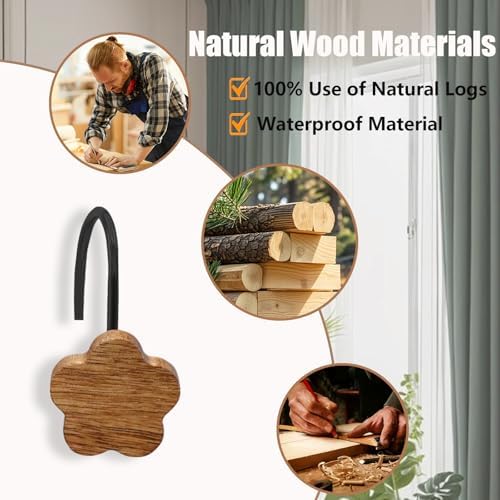 Shower Curtain Hooks, Wood Decorative Shower Curtain Rings, Modern Round Log - Image 2
