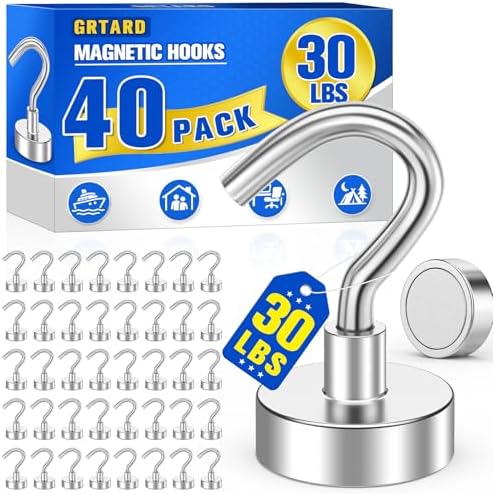 Grtard 40 Pcs Silver Magnetic Hooks Heavy Duty, 30 LBS Strong Magnet Hooks by Grtard