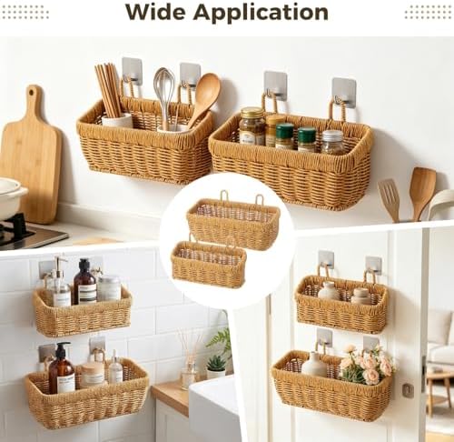 2 PCS Wall Hanging Baskets, Woven Storage Organizer Set, Rattan Style Shelf - Image 6