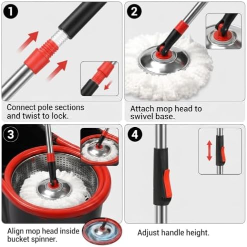 Spin Mop and Bucket with Wringer Set, 3 Mop Heads - Image 3