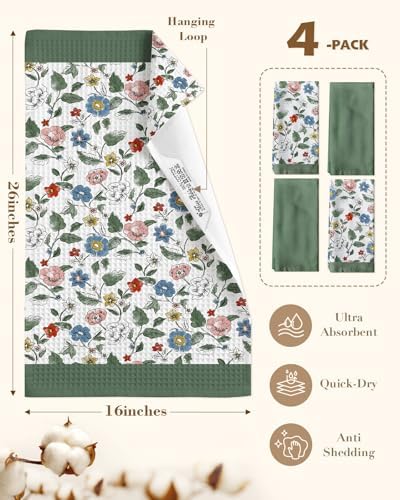 Miss Adola 4pcs Cotton Waffle Kitchen Towels, Vibrant Botanical - Image 4