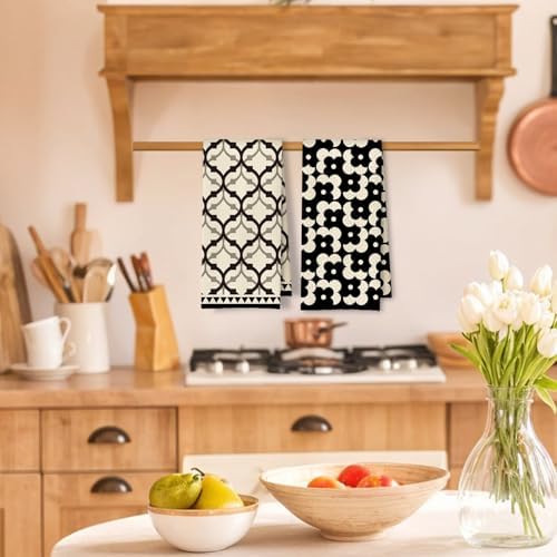 Black Beige Moroccan Kitchen Towels Set of 2, Retro Boho Abstract Dish Tea - Image 2