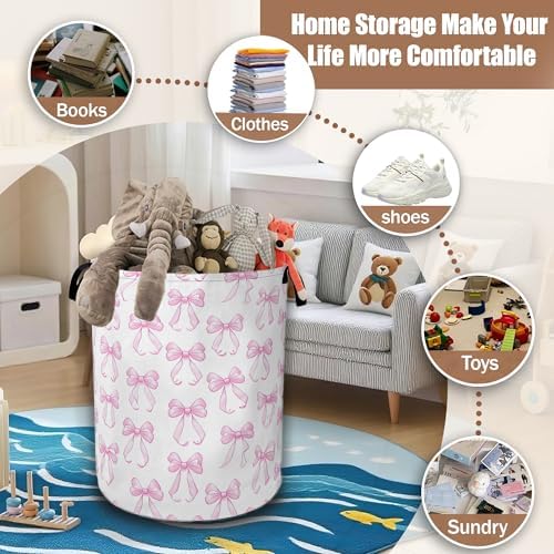 Pink Bow Laundry Hamper, Laundry Baskets, Waterproof Oxford Cloth Toy Storage - Image 3