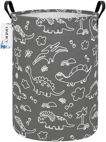 Round Dinosaur Laundry Hamper, Cotton Canvas Teen Room Storage Bin by ONOEV