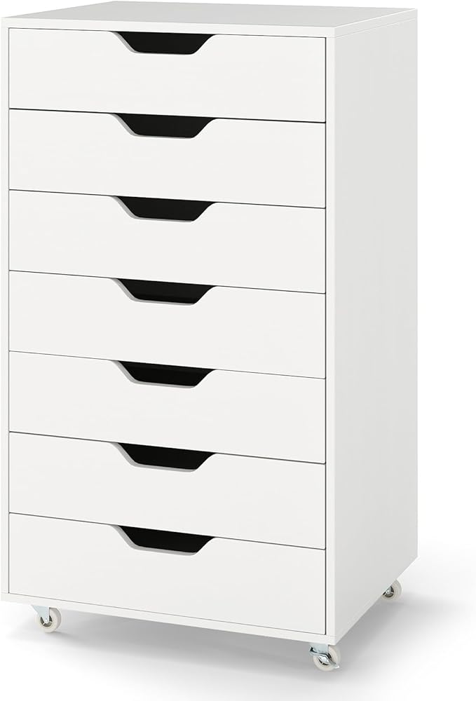 7 Drawer File Cabinet, Mobile Filing Cabinet w/Universal Wheels, Wood Printer Stand with Storage, Rolling File Cabinets for Home Office, Living Room, Bedroom (White, 7 Drawers)