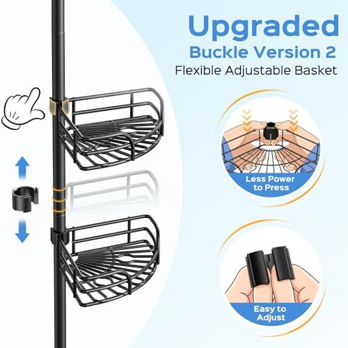 HAMITOR Corner Shower Caddy Tension Pole, Adjustable No-Drill Widen Shelves - Image 6