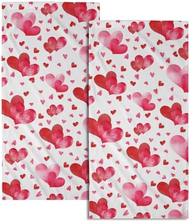 Red Love Heart Bath Hand Towels 2 Packs Happy Valentine's Day Soft Absorbent by Granbey