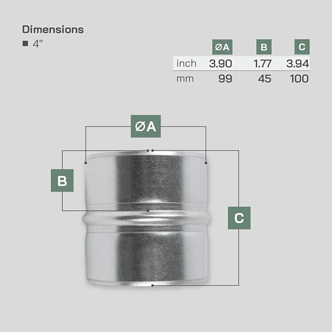 Vent Systems 4'' Inch Galvanized Steel Duct Connector - Round Ventilation Duct Extension - Metal Vent Coupler - Metal Hose Coupling - Galvanised Pipe Connector - Dryer Vent Connector