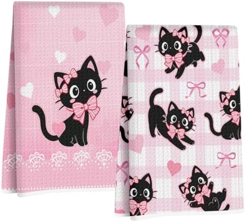 2 Pcs Pink Bow Cat Kitchen Towels 24x14 Inch, Cats Gifts Reuse Hand Towel by Jztco