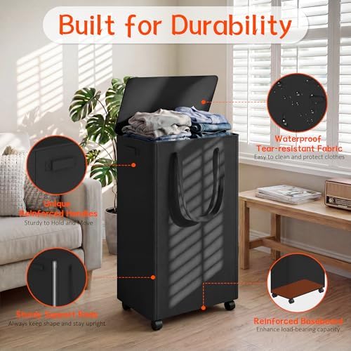 Slim Laundry Hamper with Wheels, 20 Gal Rolling Laundry Basket with lid and - Image 3