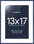 Homeforia 13x17 Picture Frame Navy Blue, High End Metal 13x17 Poster Frames with Mat 10x14 Photo, 13 x 17 Navy Blue Frame Matted to 10 by 14 Print, 17x13 Thin Frame, Tempered Glass, Wall Kit, Set of 1