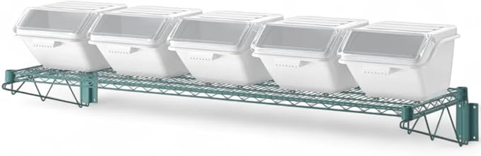 18" x 60" Green Wall-Mounted Wire Shelf Kit with Clip-in Ingredient Storage Bins, Heavy-Duty Steel Rack, Supports up to 600 lb, Flip-Top Lids, Open-Wire Design for Kitchen/Prep/Storage