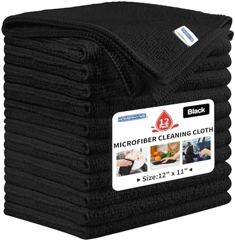 Microfiber Cleaning Cloth, 12 Pack Black Cleaning Rags, Reusable Microfiber by HOMERHYME