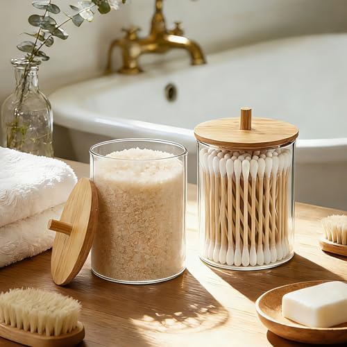 4 Pack Glass Qtip Holder with Bamboo Lids, 10 oz Apothecary Jars - Image 5