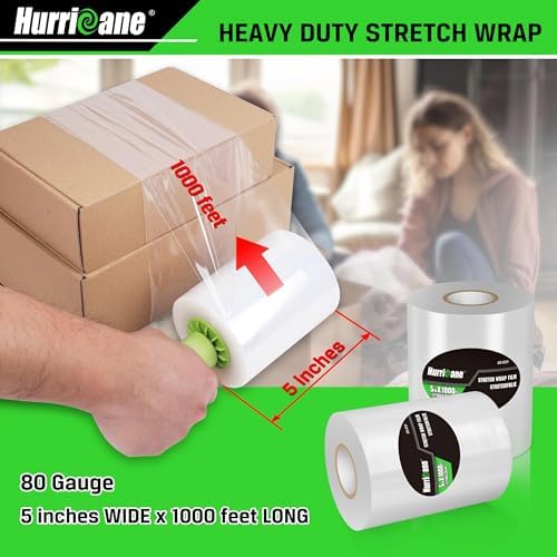 HURRICANE Stretch Wrap Film Refill Rolls, 2 Pack 80 Gauge Thick 5 inch 1000 ft - Image 2