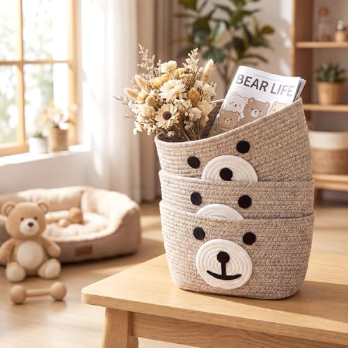 Bear Nursery Decor Teddy Bear Hanging Basket Cotton Rope Woven Wall Storage - Image 4
