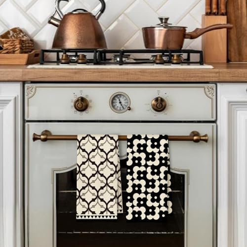 Black Beige Moroccan Kitchen Towels Set of 2, Retro Boho Abstract Dish Tea - Image 3