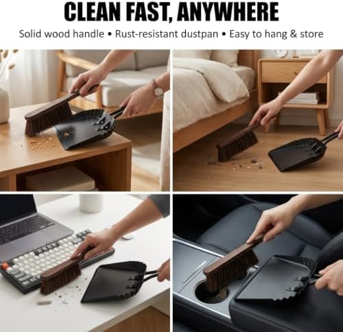 Dust Pan and Brush Set, Handheld Angled Dustpan and Wooden Broom Set, - Image 4