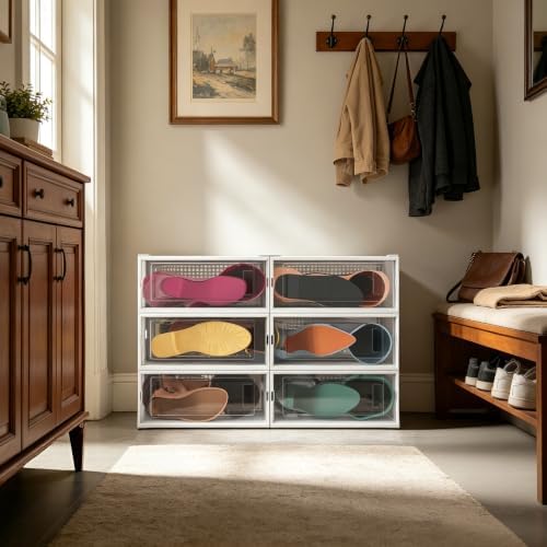 6 Pack Stackable Shoe Storage Boxes, Plastic Shoe Organizer Drawers Bins - Image 7